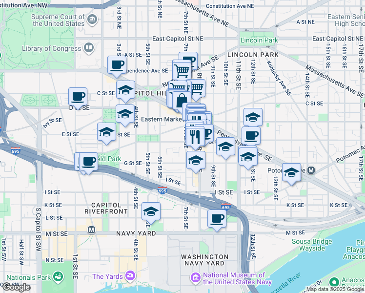 map of restaurants, bars, coffee shops, grocery stores, and more near 101 Independence Avenue Southeast in Washington