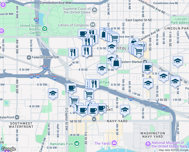 map of restaurants, bars, coffee shops, grocery stores, and more near 101 Independence Avenue Southeast in Washington