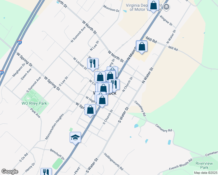 map of restaurants, bars, coffee shops, grocery stores, and more near 135 North Main Street in Woodstock