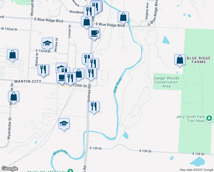map of restaurants, bars, coffee shops, grocery stores, and more near 13410 Charlotte Street in Kansas City