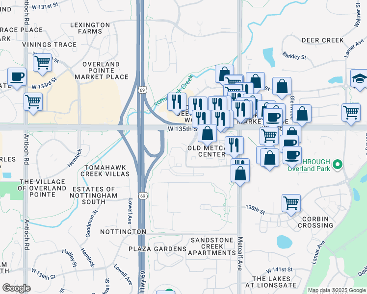 map of restaurants, bars, coffee shops, grocery stores, and more near 7501 West 135th Street in Overland Park