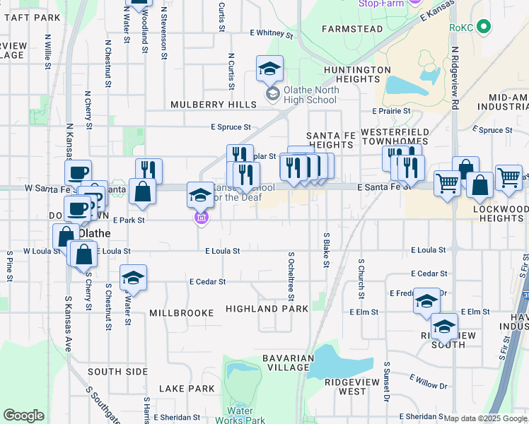 map of restaurants, bars, coffee shops, grocery stores, and more near 545 East Santa Fe Street in Olathe