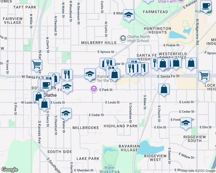 map of restaurants, bars, coffee shops, grocery stores, and more near 517 East Santa Fe Street in Olathe