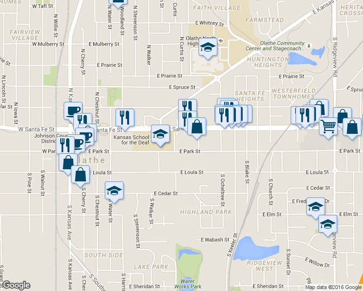 map of restaurants, bars, coffee shops, grocery stores, and more near 517 East Santa Fe Street in Olathe