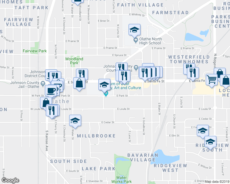 map of restaurants, bars, coffee shops, grocery stores, and more near 517 East Santa Fe Street in Olathe