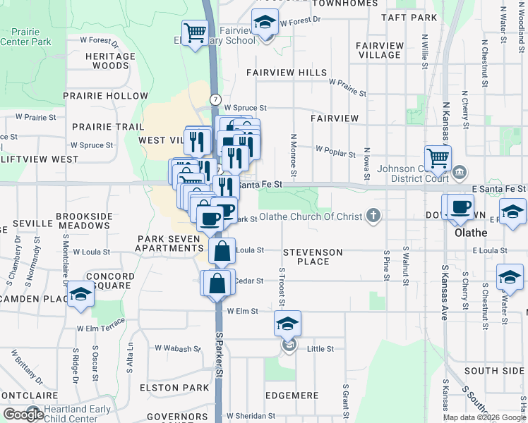 map of restaurants, bars, coffee shops, grocery stores, and more near 1035 West Santa Fe Street in Olathe