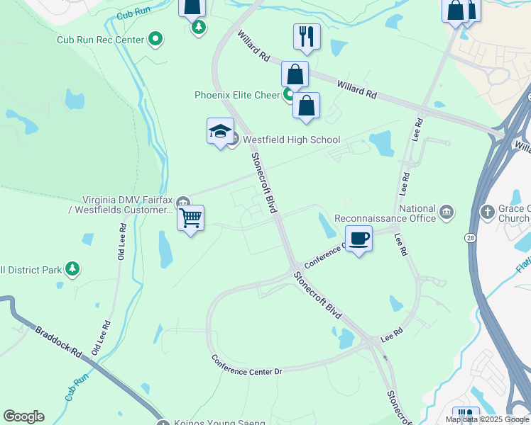 map of restaurants, bars, coffee shops, grocery stores, and more near 4807 Bauhaus Square in Chantilly