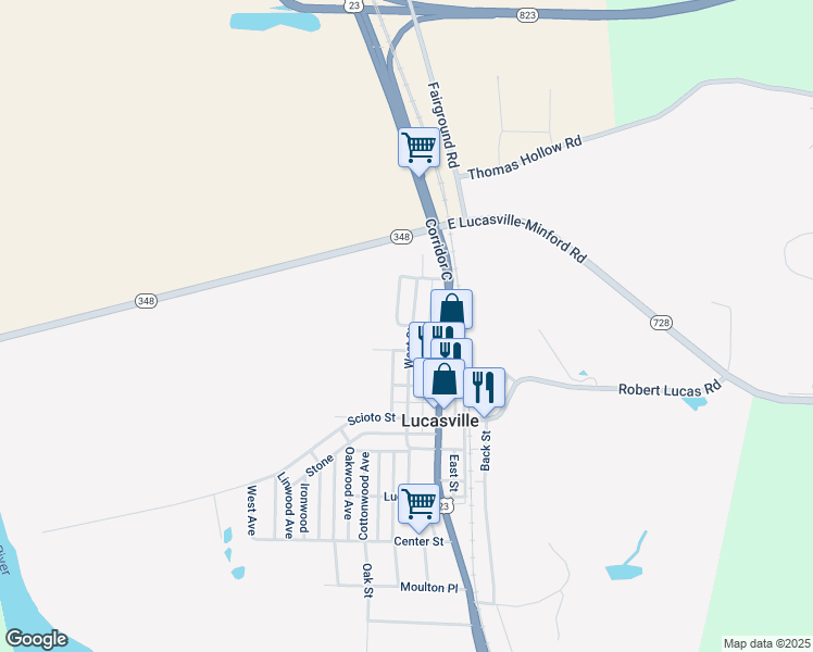 map of restaurants, bars, coffee shops, grocery stores, and more near 250 North High Street in Lucasville