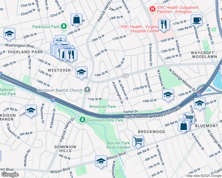 map of restaurants, bars, coffee shops, grocery stores, and more near 1201 North Kennebec Street in Arlington