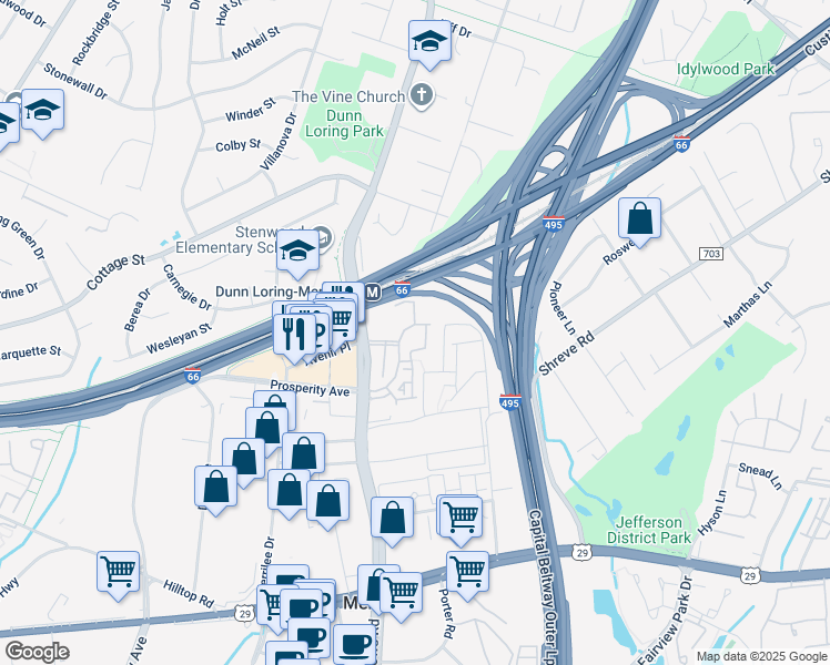 map of restaurants, bars, coffee shops, grocery stores, and more near 2651 Park Tower Drive in Vienna