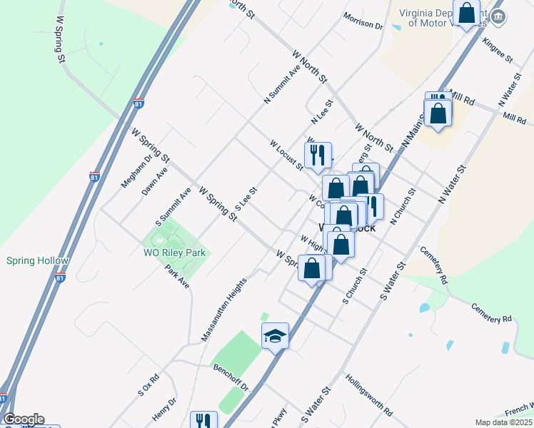 map of restaurants, bars, coffee shops, grocery stores, and more near 414 West High Street in Woodstock