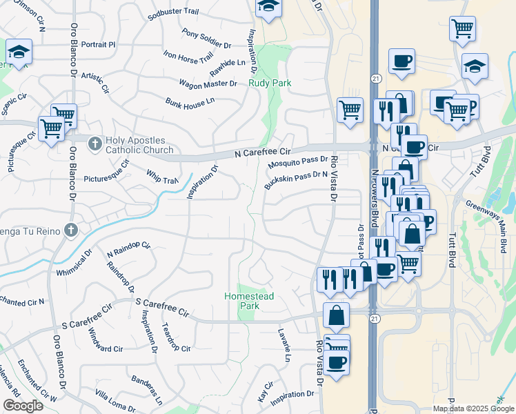 map of restaurants, bars, coffee shops, grocery stores, and more near 5424 Buckskin Pass Drive North in Colorado Springs