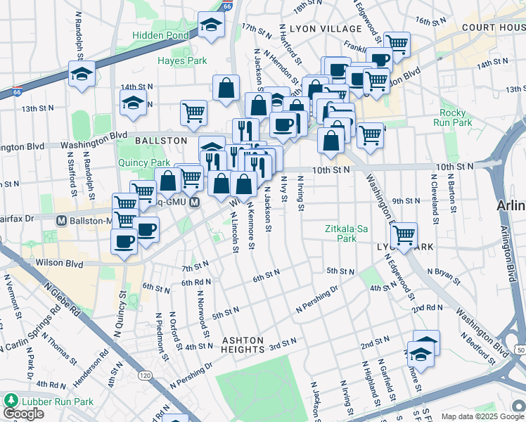 map of restaurants, bars, coffee shops, grocery stores, and more near 808 North Jackson Street in Arlington