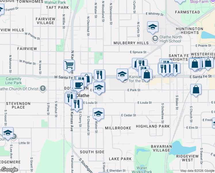 map of restaurants, bars, coffee shops, grocery stores, and more near 413 East Santa Fe Street in Olathe