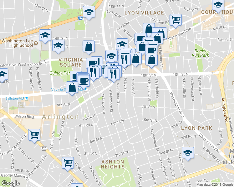 map of restaurants, bars, coffee shops, grocery stores, and more near 808 North Jackson Street in Arlington