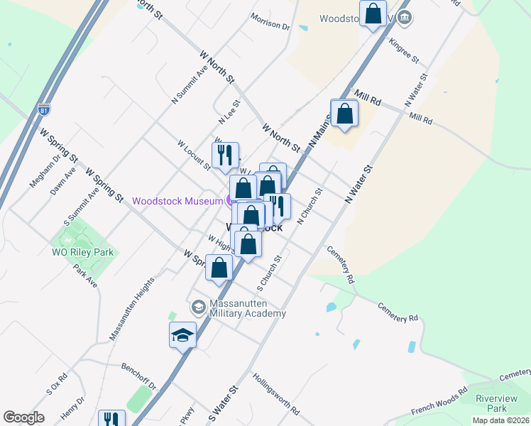 map of restaurants, bars, coffee shops, grocery stores, and more near 135 North Main Street in Woodstock