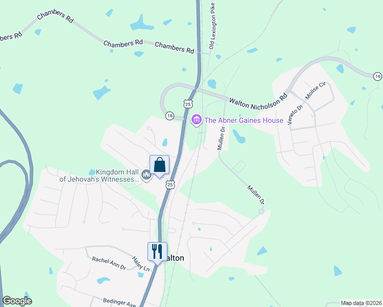 map of restaurants, bars, coffee shops, grocery stores, and more near 200 Old Nicholson Road in Walton