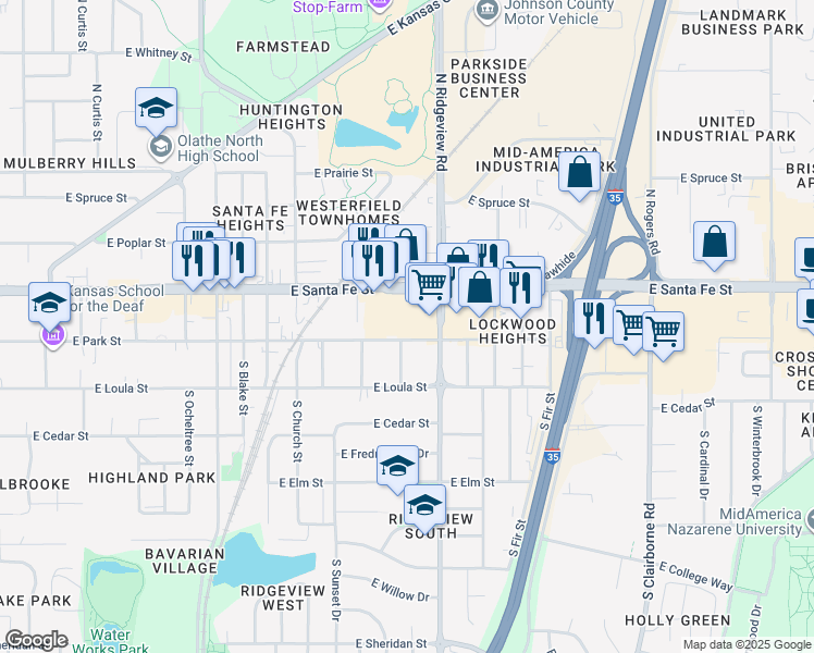 map of restaurants, bars, coffee shops, grocery stores, and more near 1117 E Santa Fe St in Olathe