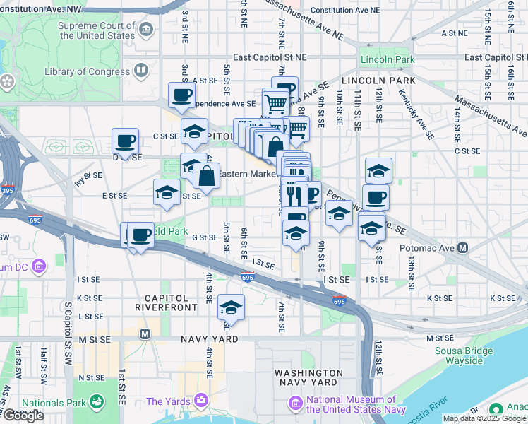 map of restaurants, bars, coffee shops, grocery stores, and more near 633 E Street Southeast in Washington
