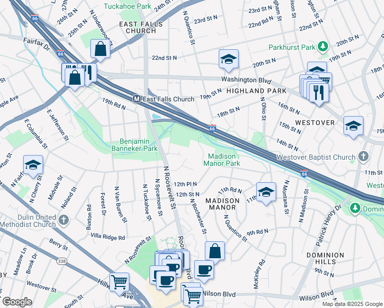 map of restaurants, bars, coffee shops, grocery stores, and more near 6250 15th Place North in Arlington