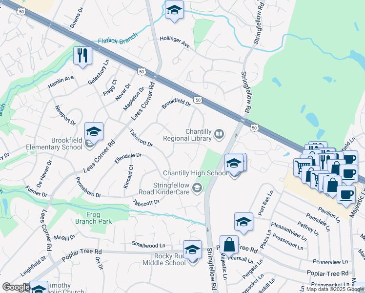 map of restaurants, bars, coffee shops, grocery stores, and more near 13547 Currey Lane in Chantilly