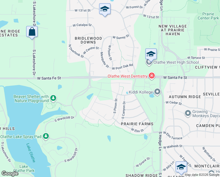 map of restaurants, bars, coffee shops, grocery stores, and more near 2623 West Dartmouth Street in Olathe