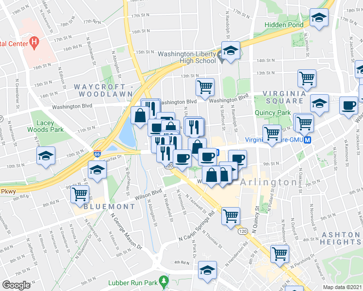 map of restaurants, bars, coffee shops, grocery stores, and more near 4401 Fairfax Drive in Arlington