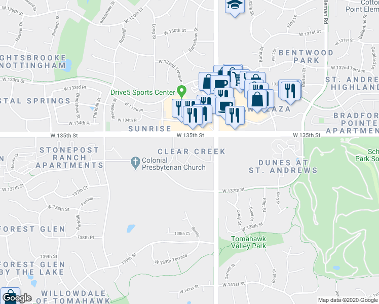 map of restaurants, bars, coffee shops, grocery stores, and more near 12121 West 136th Street in Overland Park