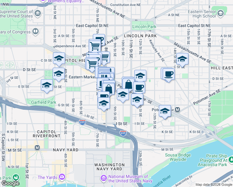 map of restaurants, bars, coffee shops, grocery stores, and more near 101 Independence Avenue Southeast in Washington