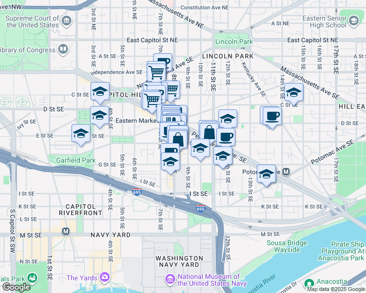 map of restaurants, bars, coffee shops, grocery stores, and more near 101 Independence Avenue Southeast in Washington