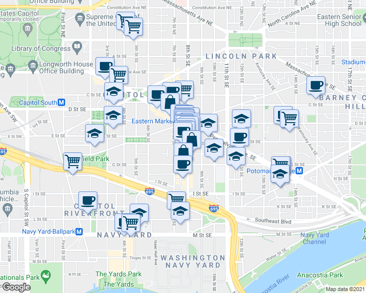 map of restaurants, bars, coffee shops, grocery stores, and more near 101 Independence Avenue Southeast in Washington