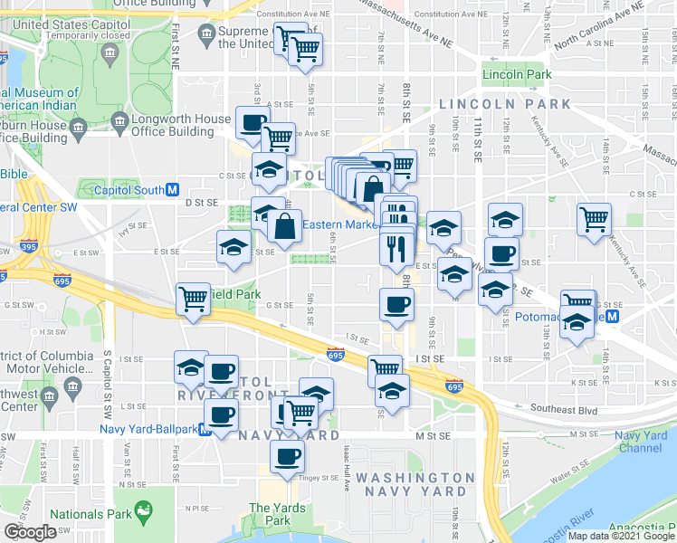 map of restaurants, bars, coffee shops, grocery stores, and more near 101 Independence Avenue Southeast in Washington