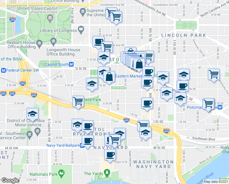 map of restaurants, bars, coffee shops, grocery stores, and more near 101 Independence Avenue Southeast in Washington