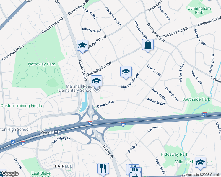 map of restaurants, bars, coffee shops, grocery stores, and more near 640 Marshall Road Southwest in Vienna