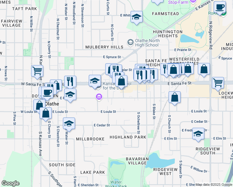 map of restaurants, bars, coffee shops, grocery stores, and more near 517 East Santa Fe Street in Olathe
