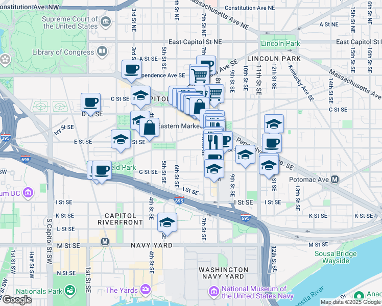 map of restaurants, bars, coffee shops, grocery stores, and more near 633 E Street Southeast in Washington