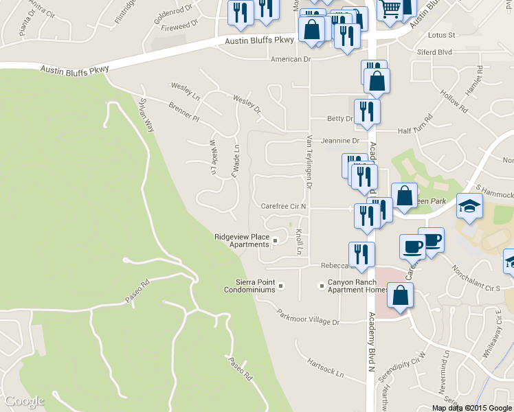 map of restaurants, bars, coffee shops, grocery stores, and more near 3601-3603 Van Teylingen Dr in Colorado Springs