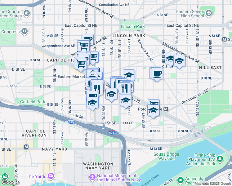 map of restaurants, bars, coffee shops, grocery stores, and more near 1013 E Street Southeast in Washington