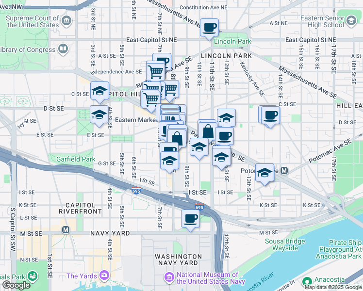 map of restaurants, bars, coffee shops, grocery stores, and more near 101 Independence Avenue Southeast in Washington