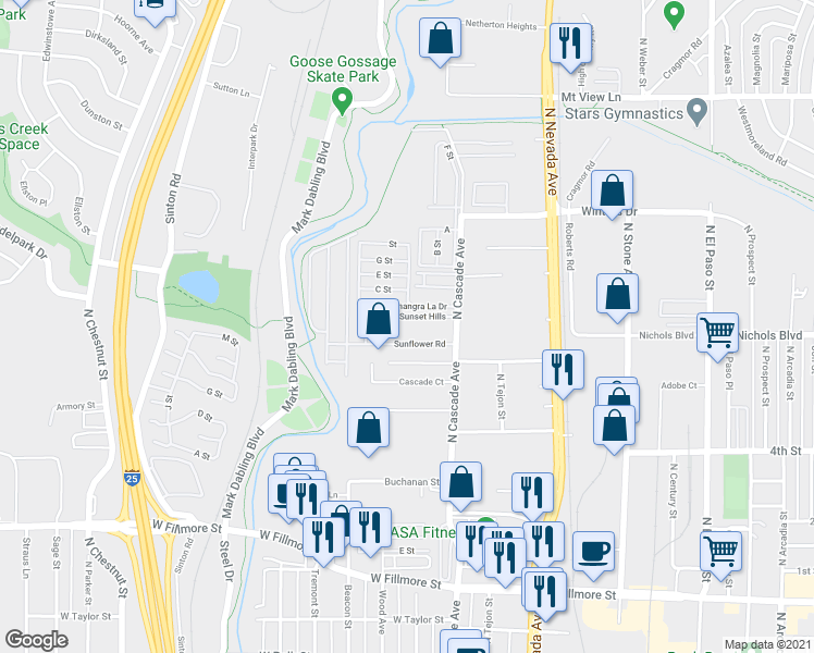 map of restaurants, bars, coffee shops, grocery stores, and more near 13305 Old Pueblo Road in Colorado Springs