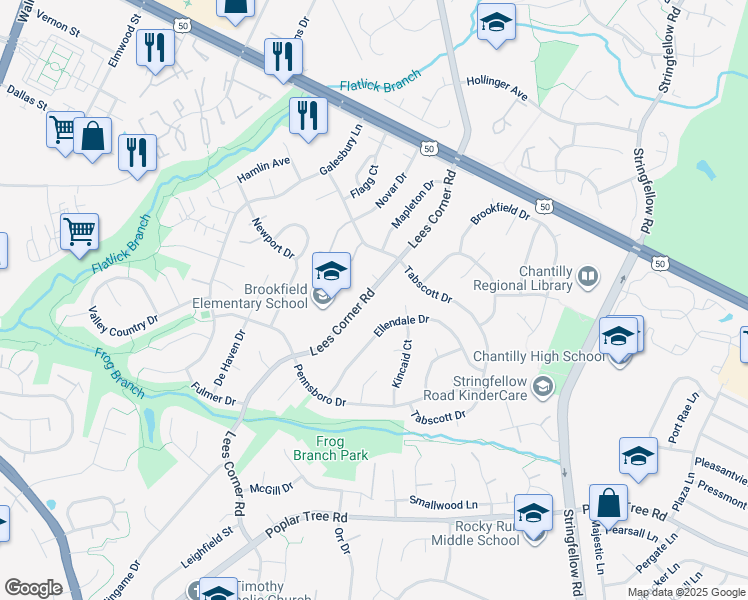 map of restaurants, bars, coffee shops, grocery stores, and more near 4129 Lees Corner Road in Chantilly
