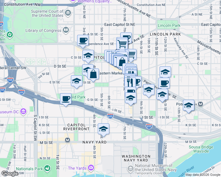 map of restaurants, bars, coffee shops, grocery stores, and more near 101 Independence Avenue Southeast in Washington