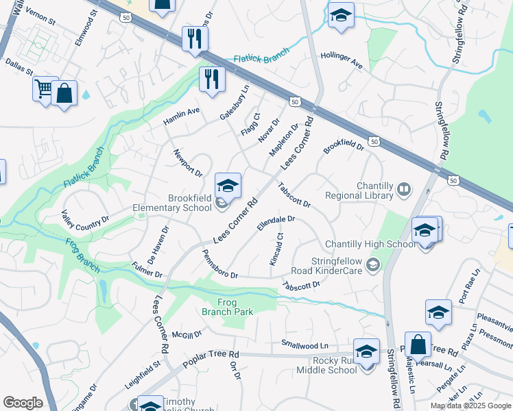 map of restaurants, bars, coffee shops, grocery stores, and more near 4129 Lees Corner Road in Chantilly