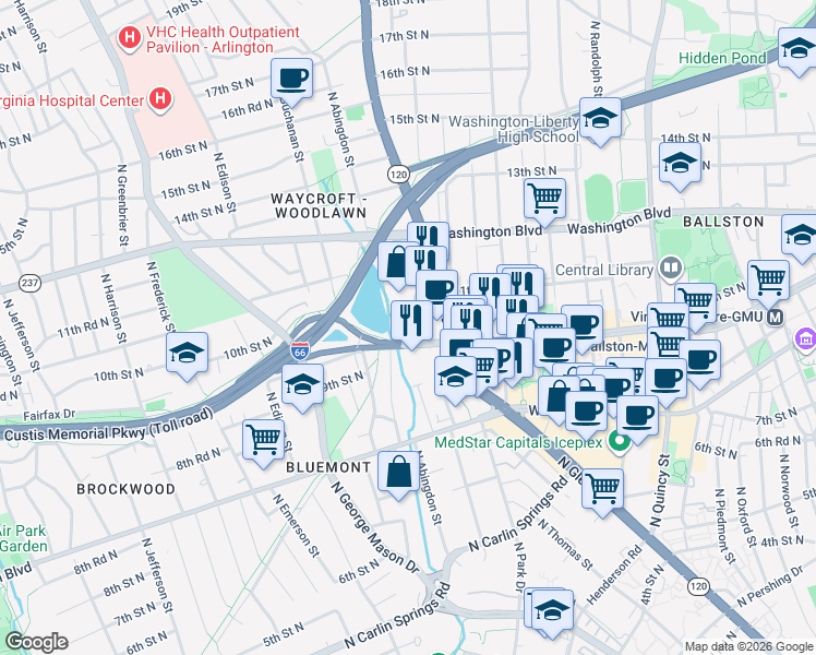 map of restaurants, bars, coffee shops, grocery stores, and more near 4601 North Fairfax Drive in Arlington