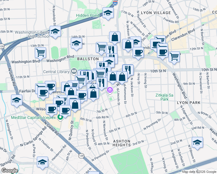 map of restaurants, bars, coffee shops, grocery stores, and more near 801 North Monroe Street in Arlington