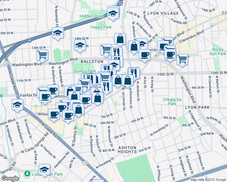 map of restaurants, bars, coffee shops, grocery stores, and more near 801 North Monroe Street in Arlington