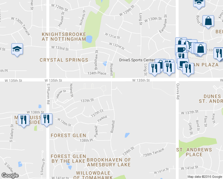 map of restaurants, bars, coffee shops, grocery stores, and more near Rosehill in Overland Park