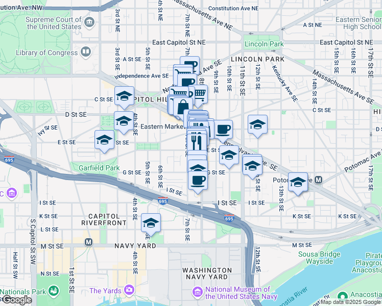 map of restaurants, bars, coffee shops, grocery stores, and more near 701 E Street Southeast in Washington