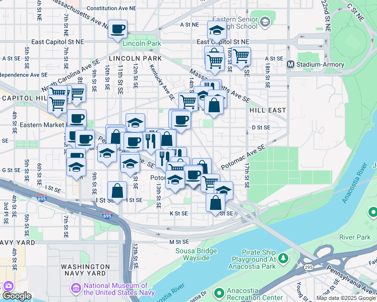 map of restaurants, bars, coffee shops, grocery stores, and more near 507 14th Street Southeast in Washington