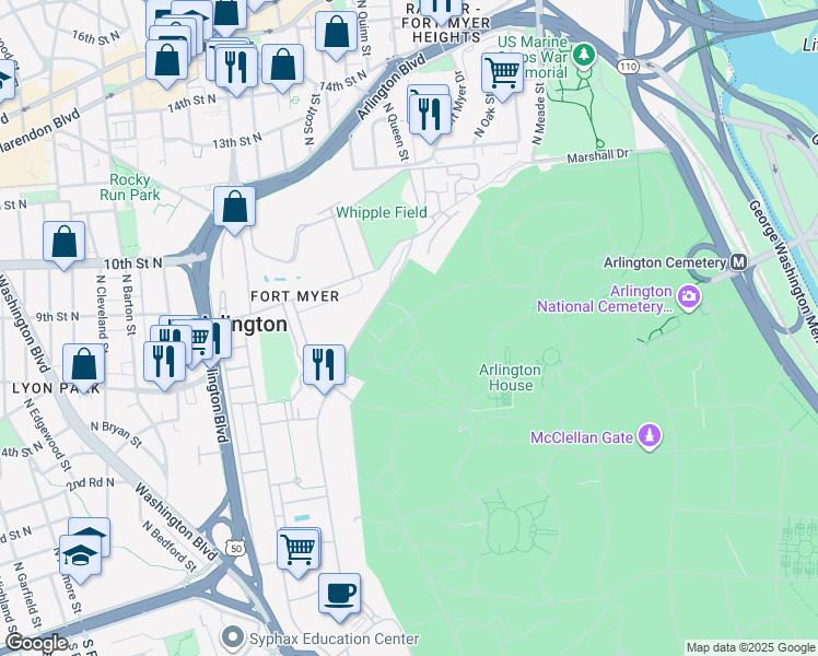 map of restaurants, bars, coffee shops, grocery stores, and more near in Arlington